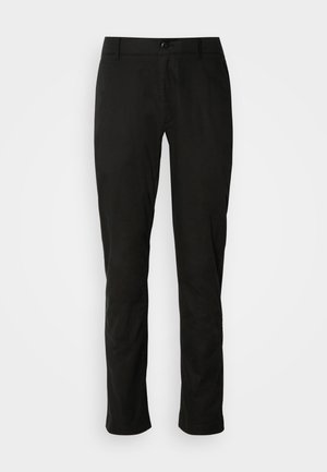 Pantaloni in cotone nero misto con un design a gamba dritta, dotati di chiusura frontale con bottone e passanti per cintura. Texture liscia con dettagli minimi.