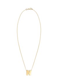Goldkette mit einer feinen Kette und einem rechteckigen Anhänger in Form des Buchstabens "N". Glatte Oberfläche, minimalistisches Design.