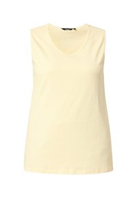 Haut sans manches en coton jaune pâle avec col en V, coupe décontractée et ourlet droit, présenté sur fond blanc.
