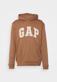 Felpa con cappuccio marrone e tasca frontale, con grandi lettere bianche "GAP" sul petto.