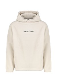 Cremefarbener Fleece-Hoodie mit lockerem Schnitt. Verfügt über eine Kapuze mit Kordelzug und den schwarzen Schriftzug "SBLVL STUDIO" auf der Vorderseite.