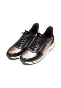 Schwarze und metallic-bronze Sneaker mit einer strukturierten Oberseite, Schnürverschluss und einer weißen Sohle, die eine glatte Oberfläche und kontrastierende Materialien aufweisen.