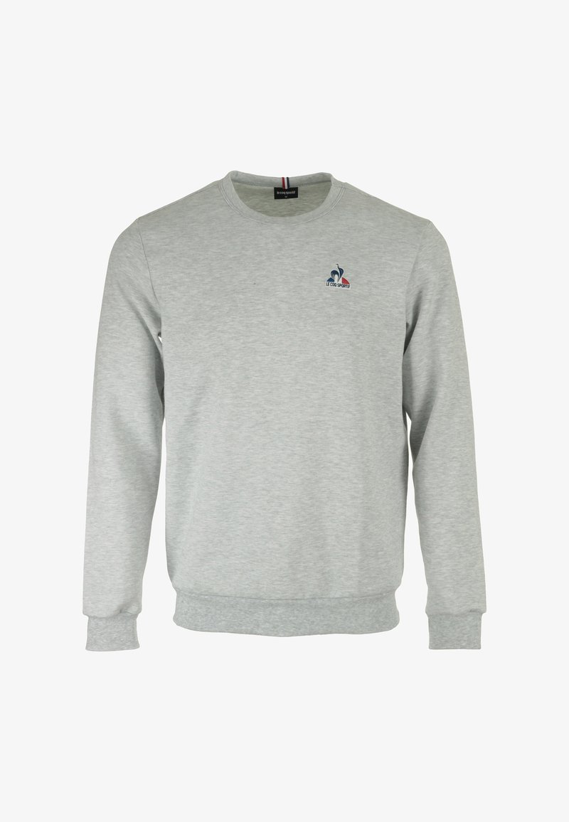 Felpa grigia chiara realizzata in tessuto morbido, con collo rotondo, maniche lunghe e un piccolo logo ricamato colorato sul petto.