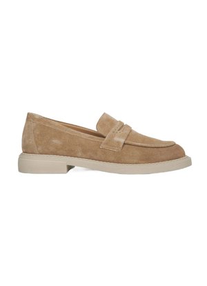 Brown suede loafers with a rounded toe, decorative strap detail, and a light-colored, chunky rubber sole. Finely textured surface.