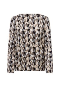 Long-sleeve top in lightweight fabric featuring a geometric pattern of black, beige, and blue, with a round neckline and relaxed fit.