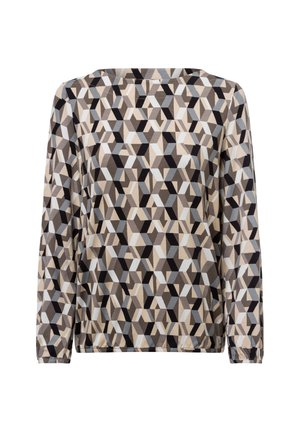 Long-sleeve top in lightweight fabric featuring a geometric pattern of black, beige, and blue, with a round neckline and relaxed fit.