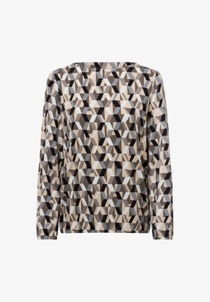 Langarmshirt aus leichtem Material mit einem geometrischen Muster in Schwarz, Beige und Blau, rundem Halsausschnitt und lässiger Passform.