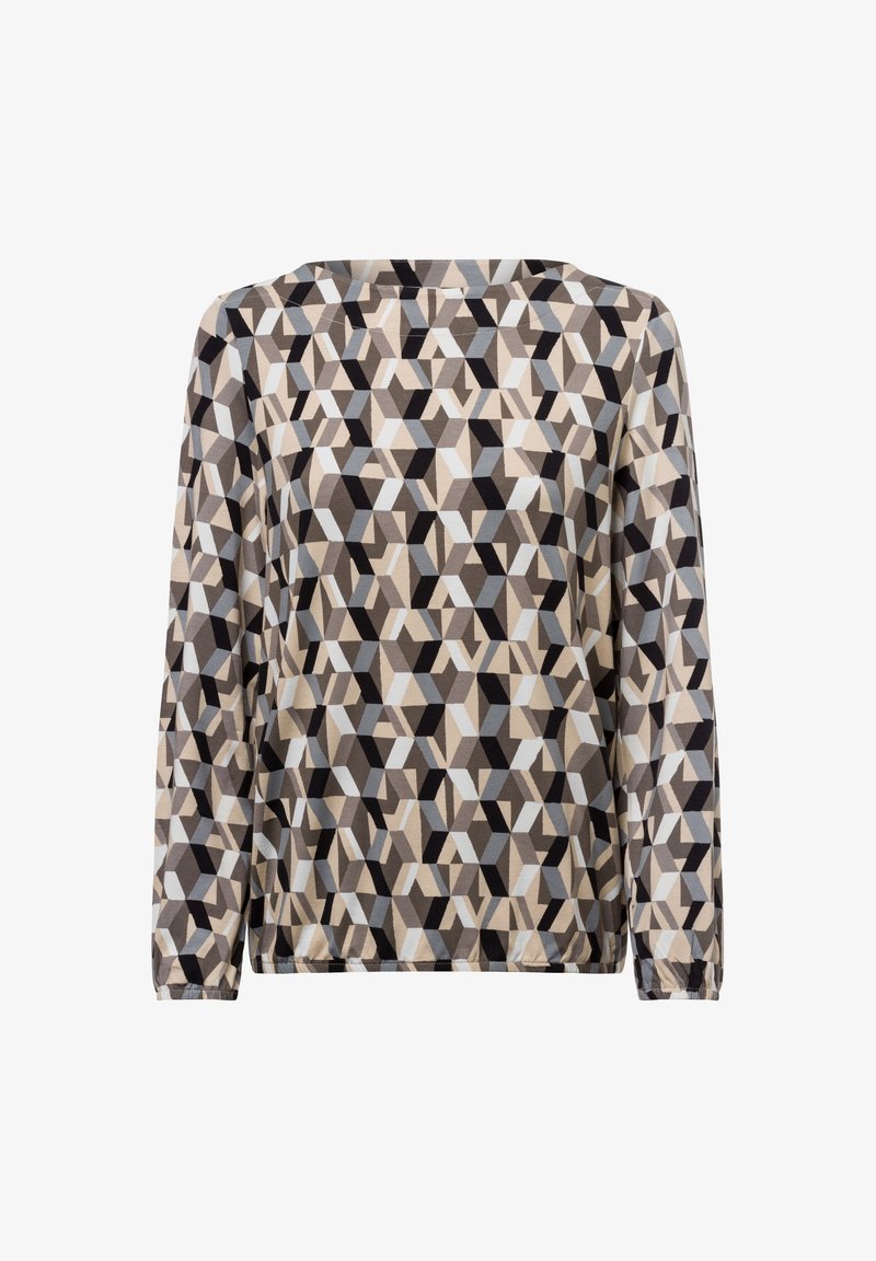 Langarmshirt aus leichtem Material mit einem geometrischen Muster in Schwarz, Beige und Blau, rundem Halsausschnitt und lässiger Passform.