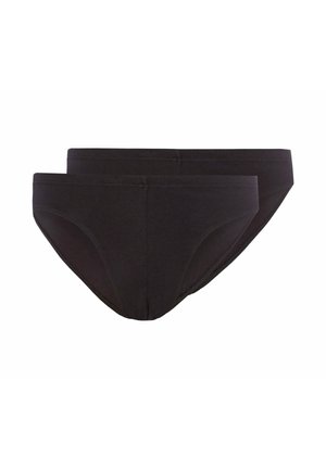 Zwei schlichte schwarze Baumwollslips, übereinander gestapelt mit Vorderansicht, die elastische Bundabschlüsse und minimale Nahtdetails zeigen.