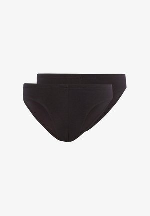 Zwei schlichte schwarze Baumwollslips, übereinander gestapelt mit Vorderansicht, die elastische Bundabschlüsse und minimale Nahtdetails zeigen.