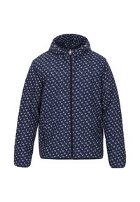 Geacă puffer bleumarin cu glugă, având un model cu păsări albe pe întreaga suprafață, închidere prin fermoar în față și manșete elasticizate.