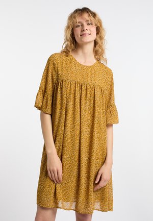 Gelbes Blumenkleid mit kurzen Puffärmeln, Rundhalsausschnitt und Raffung unter der Brust. Es besteht aus einem leichten Stoff und hat ein fließendes Design.