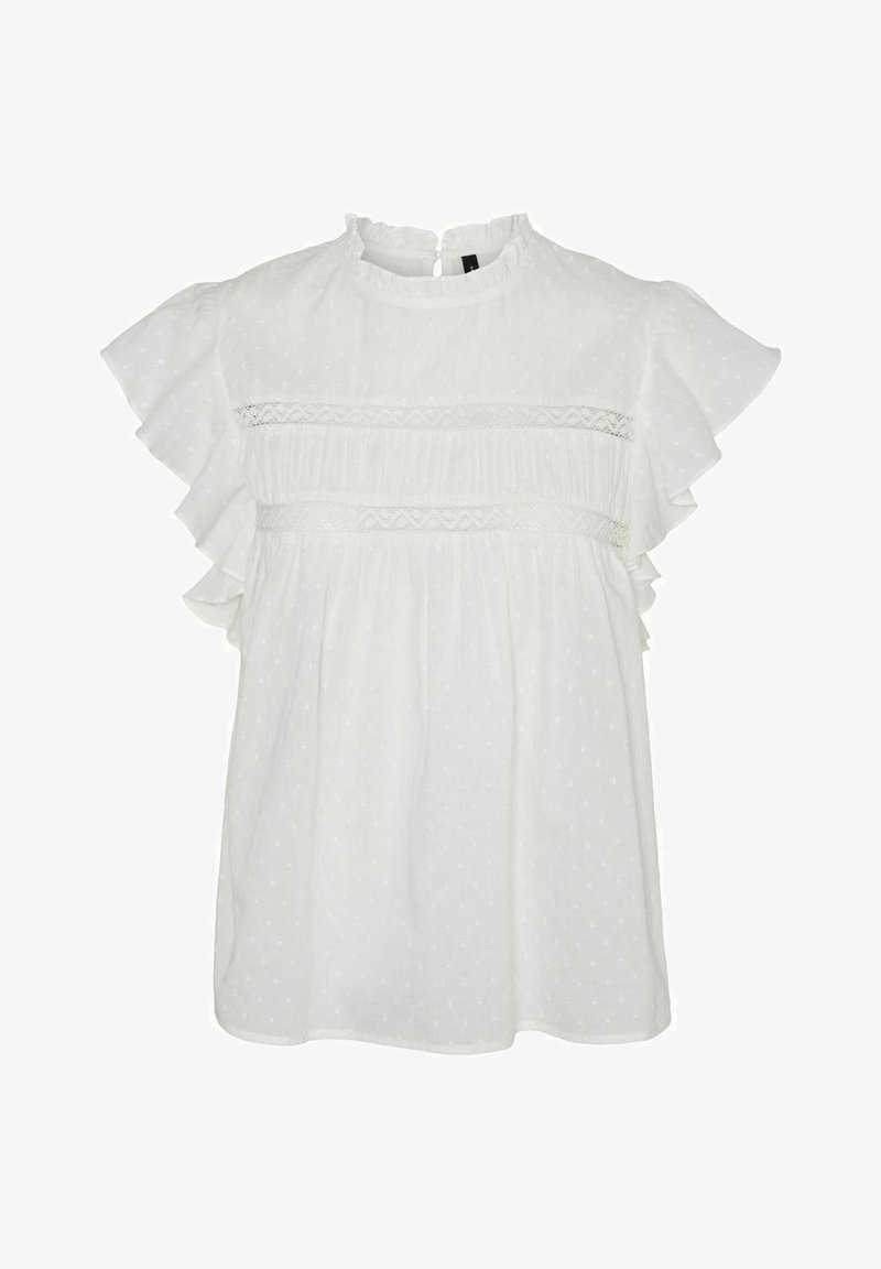 Blouse blanche à manches courtes avec manches à volants, pois en relief, détails en dentelle sur la poitrine et col montant à volants avec fermeture boutonnée dans le dos.