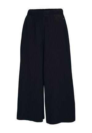 Pantalon noir à jambes larges avec texture côtelée verticale et taille élastique, conçu pour une coupe ample et confortable.