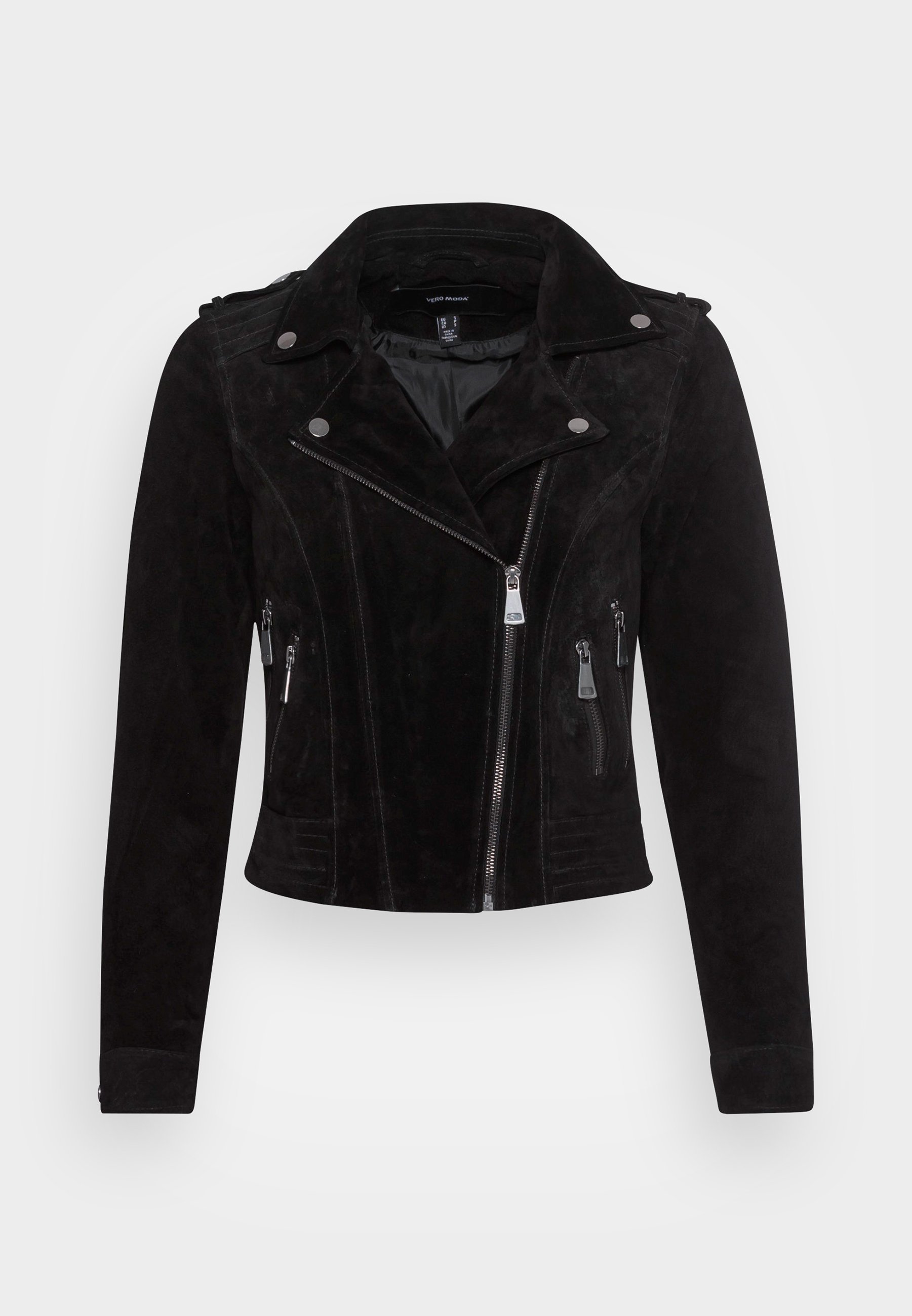 suede collarless jacket