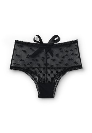 Sous-vêtements féminins en dentelle noire transparente avec des motifs de cœurs, des bords festonnés et un nœud en satin au centre de la ceinture.