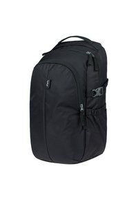 Zaino nero con un design rettangolare elegante, realizzato in tessuto resistente. Dotato di più scomparti con zip e spallacci laterali regolabili.