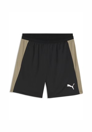 Shorts de sport noirs avec panneaux latéraux beiges et logo Puma blanc sur la jambe inférieure droite, taille élastique.