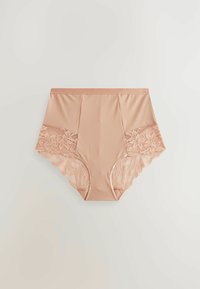Beige högmidjade underkläder med en slät tygfront och blommig spets på sidorna, med vågiga kanter och en mjuk elastisk midjeresår.