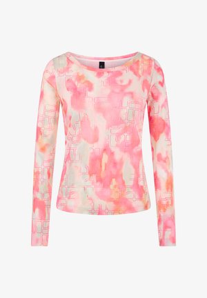 Long-sleeve women's top with pink, orange, and cream abstract watercolor and geometric pattern, round neckline, and fitted silhouette.