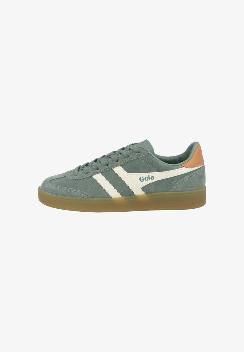 Green suede Gola sneaker with white stripes, tan heel tab, gum sole, and lace-up design, shown from the outer side.