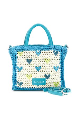 Piccola borsa intrecciata bianca e blu con motivi a cuore, manici turchesi e tracolla staccabile, con etichetta "CAFèNOIR".