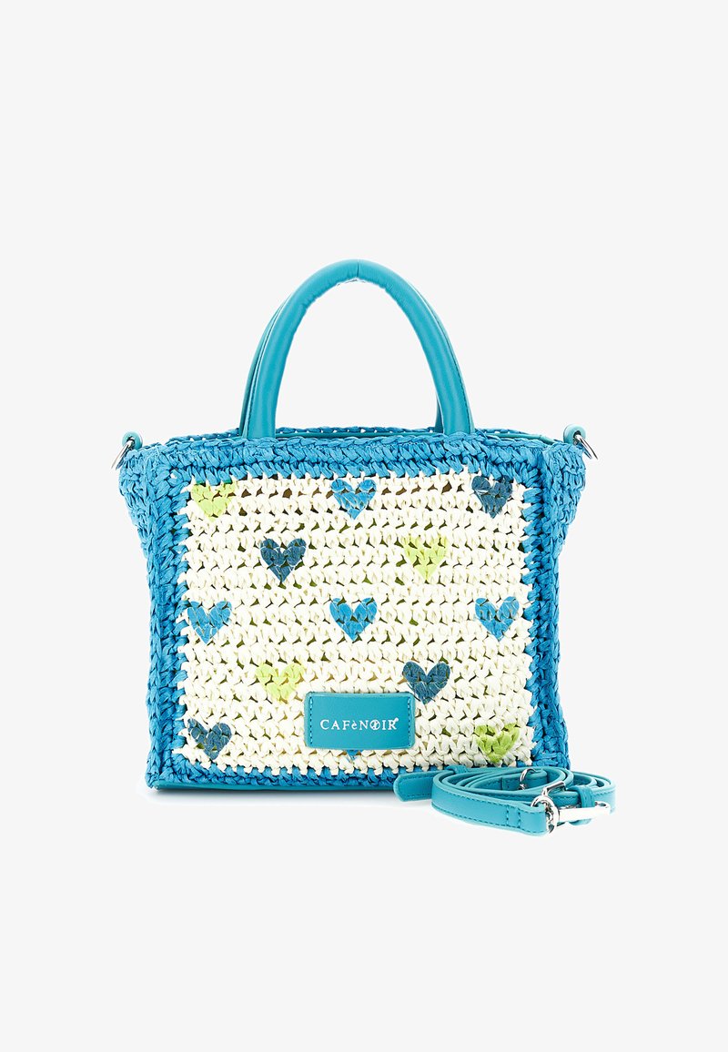 Petit sac à main tissé blanc et bleu avec des motifs de cœurs, des poignées turquoise et une bandoulière détachable, étiqueté "CAFèNOIR".