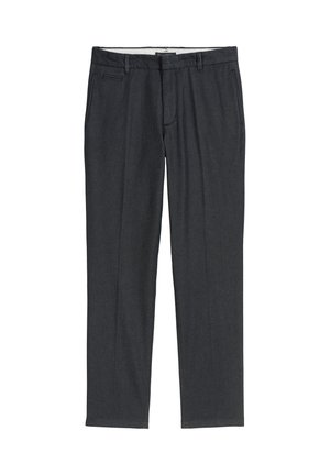 Dunkelgraue, maßgeschneiderte Hose aus weichem Stoff, mit flacher Vorderseite, Seitentaschen und einem dezenten Knick entlang der Beine für einen gepflegten Look.