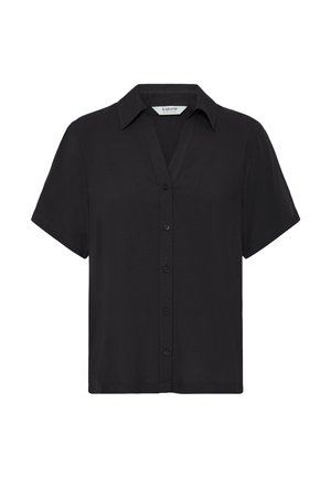 Sort kortærmet skjorte med knapper og krave, fem knapper ned foran og en afslappet pasform.