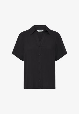 Musta, lyhythihainen napillinen kauluspaita, jossa on kaulus, viisi nappia edessä ja rento istuvuus.