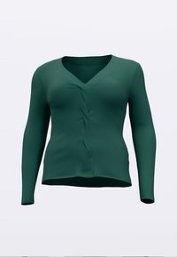 Zelený svetr s dlouhým rukávem a výstřihem do V, zdobený předním vzorem splétaných copánků. Vyrobený z pružné, hladké látky.