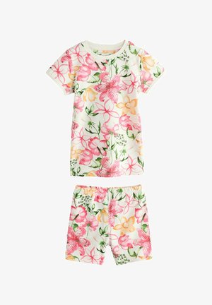 Gėlių raštų naktinė pižama, kurią sudaro trumpa rankovė viršutinė dalis ir šortai. Pagaminta iš minkštos, lengvos medžiagos, šviesių rožinės, oranžinės ir žalios spalvų atspalvių. Elastinga juosmens juosta.