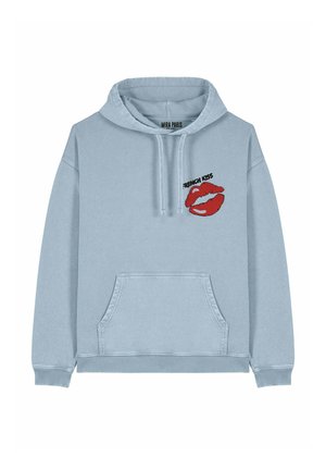 Light blue hooded sweatshirt with a front pocket, featuring a red lip print and the text "FRENCH KISS" in black. Made from soft fabric.
