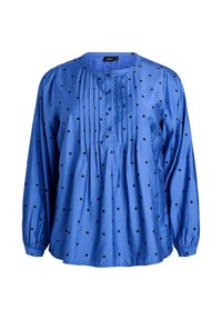 Sinine pikavarrukas blouse mustade täppidega, volditud detailidega, nööbid rinnal ja nööbitavad mansetid.