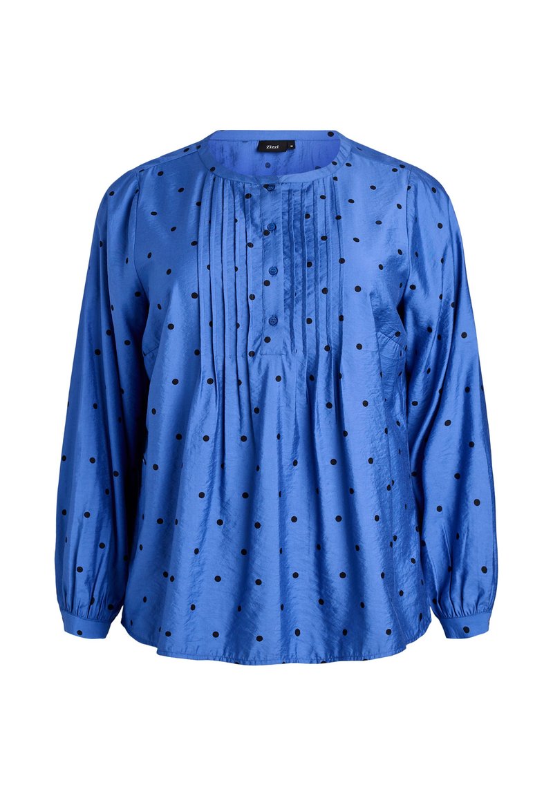 Sinine pikavarrukas blouse mustade täppidega, volditud detailidega, nööbid rinnal ja nööbitavad mansetid.