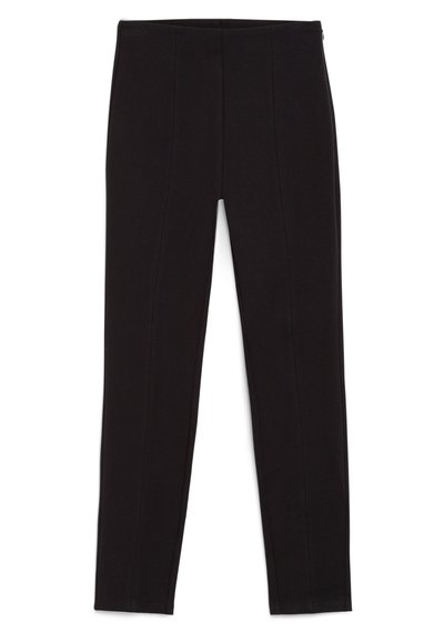 Black leggings made of stretch fabric, featuring a fitted design, seam detailing, and an elastic waistband. Smooth texture, full-length fit.