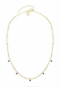 Goldfarbene Halskette mit länglichen Gliedern und vier kleinen blauen Steinen, verstellbare Kette mit einem runden Verschlussdetail.