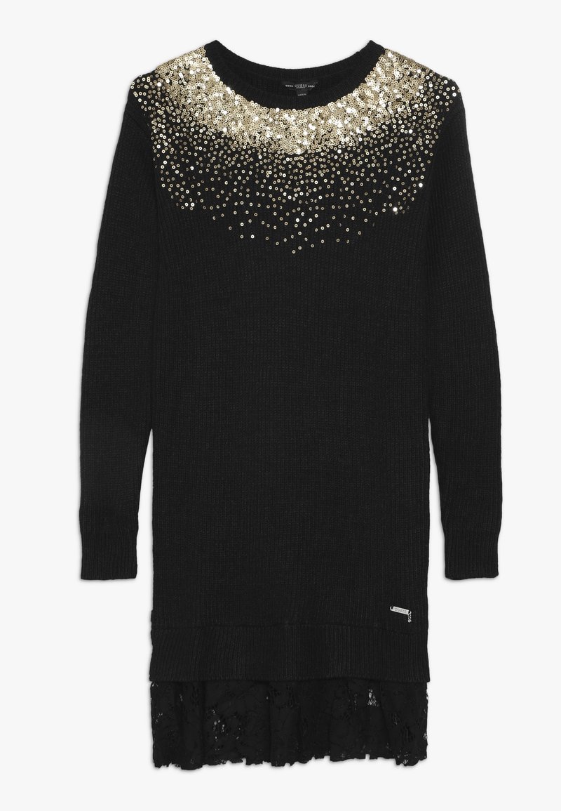 Robe longue en maille noire à manches longues avec des sequins dorés autour du col et une bordure en dentelle à l'ourlet.