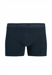 Boxer de algodón azul marino con diseño ajustado, con una cinturilla a contraste que presenta el logo "JACK & JONES" en azul oscuro.