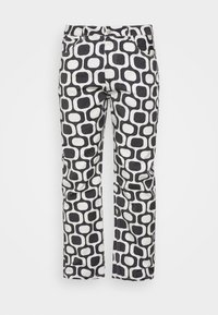 Svartvita rakbenade byxor med ett retro format mönster i runda kvadrater, med framfickor och knäppning.