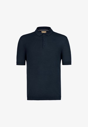 Granatowa koszulka polo wykonana z miękkiego materiału dzianinowego, z klasycznym kołnierzykiem, zapięciem na trzy guziki oraz krótkimi rękawami z prążkowanymi mankietami.