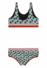 Kupaći kostim koji uključuje crnu i mint zelenu crop top bluzu i odgovarajuće donje dijelove, ukrašene uzorkom palminih stabala, s kontrastnim narančastim i ružičastim trakama.