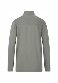 Herrjacka med lång ärm i grått, med hög krage, mjukt tyg och synlig sömnad på baksidan. Enkel och funktionell design.