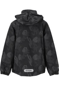 Svart huva jacka med ett camouflage-mönster i varierande grå nyanser. Elastiska ärmslut och en "ZIGZAG"-logotyp vid fållen.