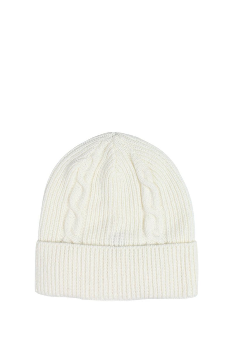 Beanie lavorato a maglia in bianco sporco, caratterizzato da un motivo a treccia testurizzato e un orlo leggermente a coste, realizzato con un materiale caldo e flessibile.