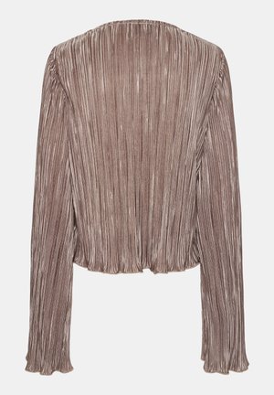 Long-sleeve, pleated blouse in a light brown color, featuring a round neckline and a slightly cropped hemline with ruffled cuffs.