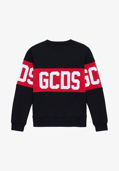 Schwarzer Sweatshirt mit einem markanten horizontalen roten Streifen und weißen "GCDS"-Buchstaben auf Brust und Ärmeln. Weicher Stoff, Rundhalsausschnitt.