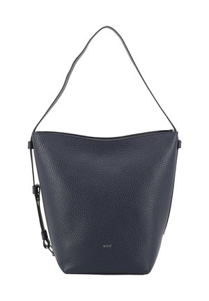 Dark blue textured leather bucket bag with single shoulder strap and small metallic brand logo on front.