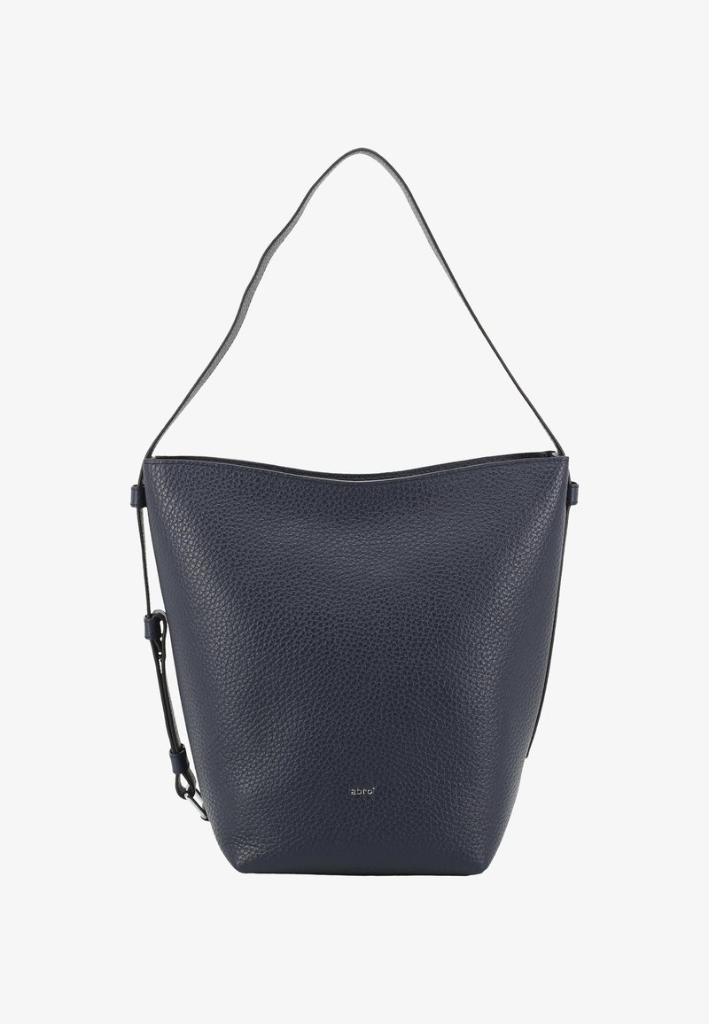 Dunkelblau strukturierte Leder-Bucket-Tasche mit einem Schultergurt und kleinem metallischen Markenlogo auf der Vorderseite.