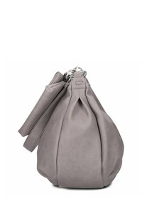 Borsa in pelle grigia con forma arrotondata, lati arricciati e hardware argentato. Presenta due manici corti e una superficie texturizzata.